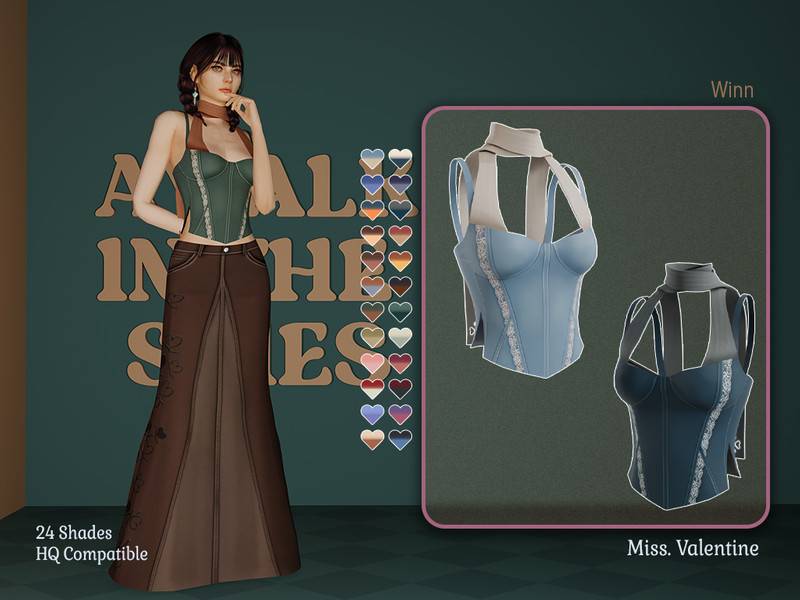Sims 4 belt and belted fashion CC Winn corset top with scarf by MissValentine142