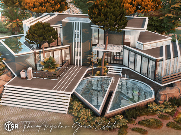 Sims 4 — The Angular Grove Estate l noCC by simZmora — A modern four-bedroom, three-bathroom villa built around water,