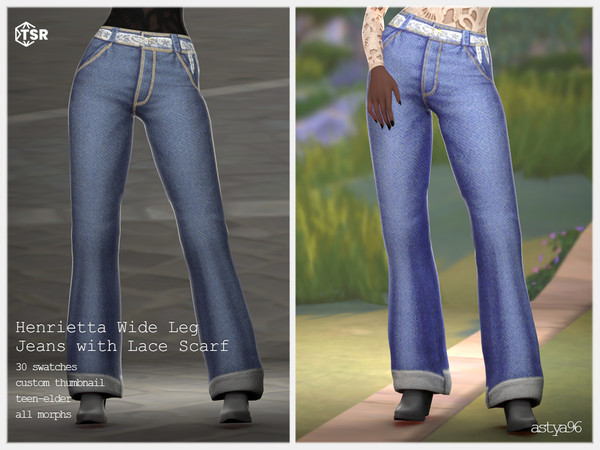 Sims 4 — Henrietta Wide Leg Jeans With Lace Scarf by astya96cc — 25-30 swatches