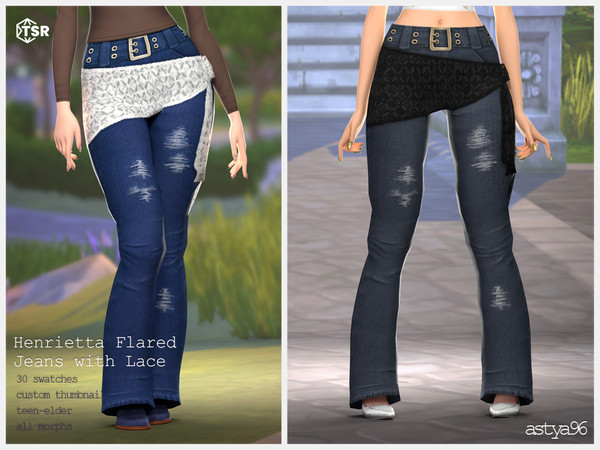 Sims 4 — Henrietta Flared Jeans With Lace Scarf by astya96cc — 25-30 swatches