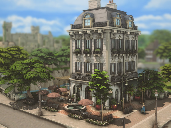 Sims 4 — Apartment with Coffee Shop by plumbobkingdom — This elegant building combines a charming apartment with a cozy