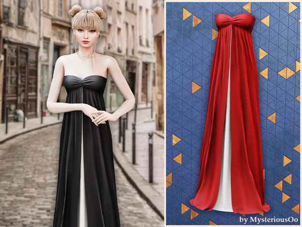 Sims 4 — Draped strapless maxi dress by MysteriousOo — A flowing strapless maxi dress featuring a softly gathered bodice