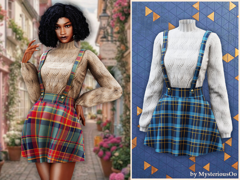 Sims 4 fall clothing CC Cozy knit sweater with plaid suspender skirt by MysteriousOo