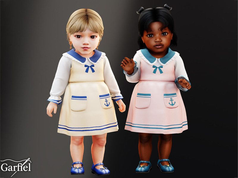 Sims 4 medieval Viking pirate and nautical custom content CC Infant - Soft nautical dress with anchor pocket details by Garfiel