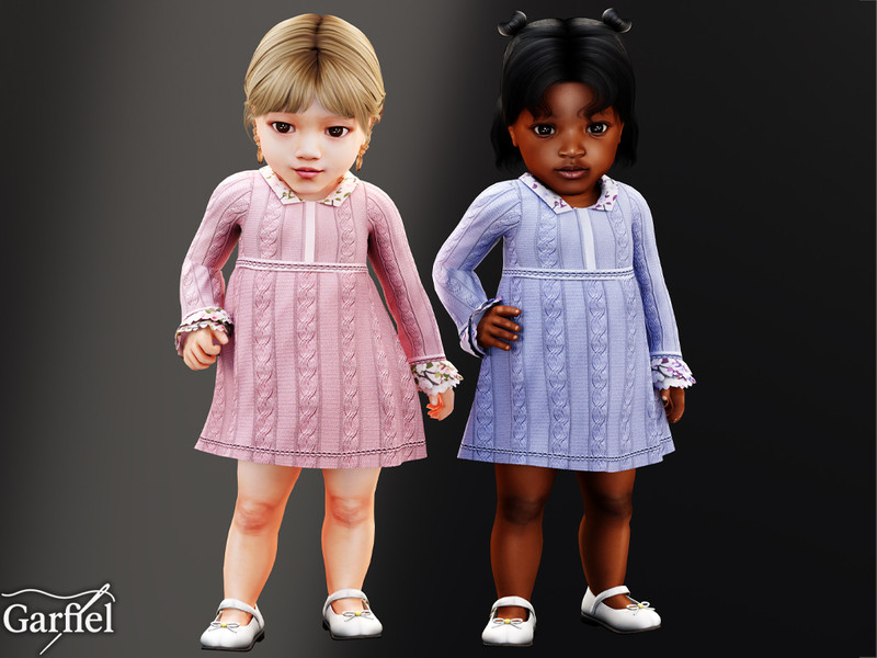 Sims 4 fall clothing CC Infant - Cozy cable knit dress with floral trim accents by Garfiel