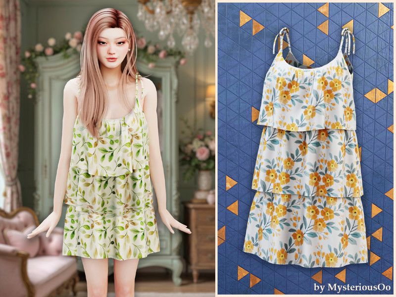 Sims 4 formal and evening dress CC Tiered floral mini dress by MysteriousOo