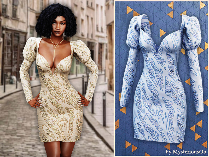 Sims 4 festive sparkle satin and party fashion CC Sequin puff sleeve dress by MysteriousOo