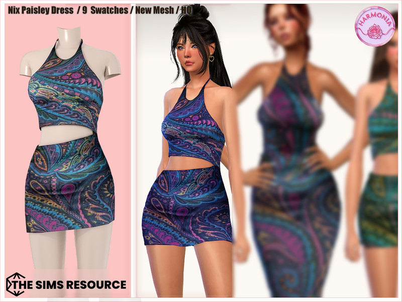 Sims 4 CC Nix Paisley Print Mini Dress by Harmonia