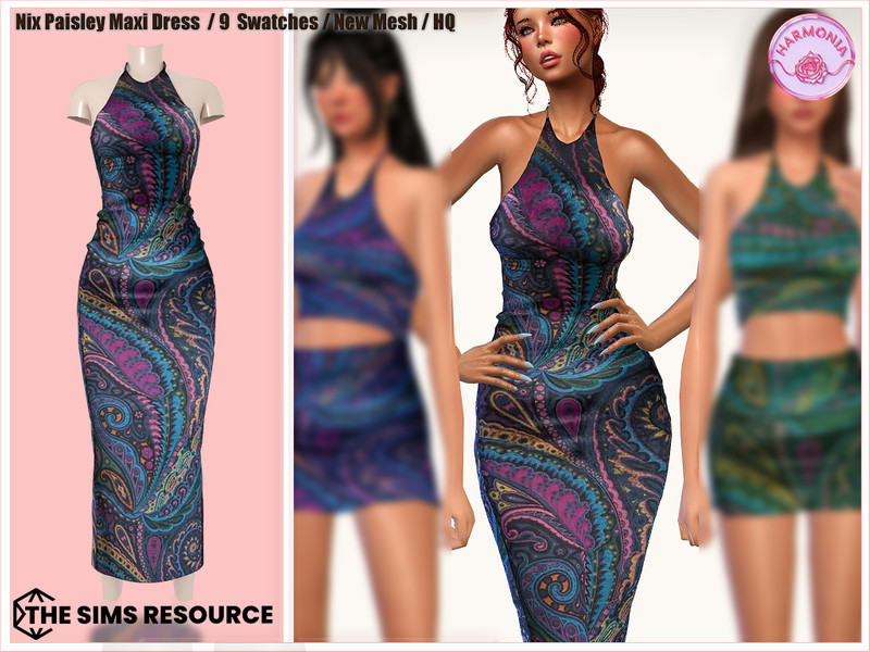 Sims 4 CC Nix Paisley Print Maxi Dress by Harmonia