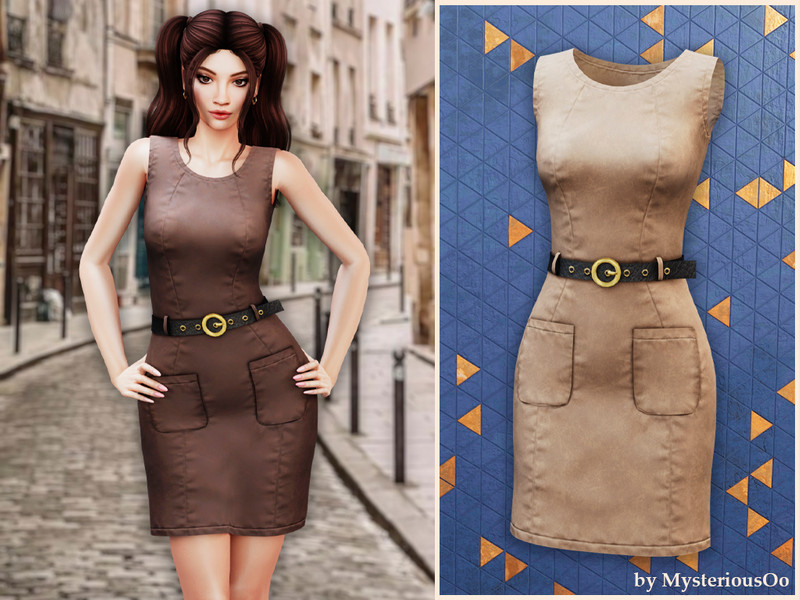 Sims 4 CC Belted leather mini dress by MysteriousOo