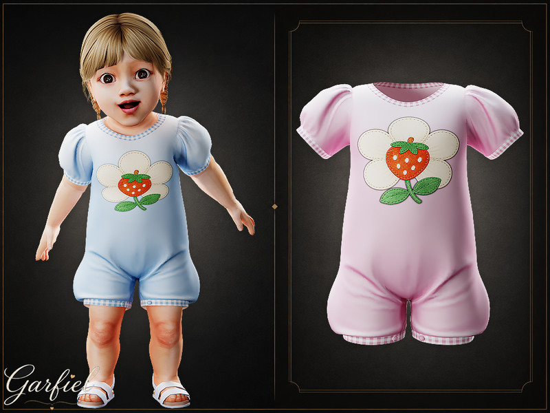 Sims 4 denim jeans romper and overall clothing CC Infant - Cotton puff sleeve romper with strawberry daisy applique by Garfiel