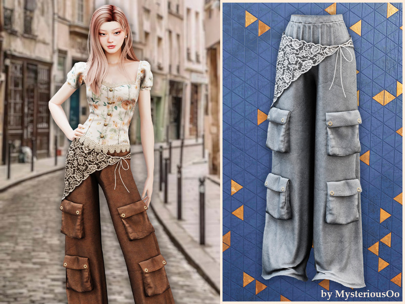 Sims 4 urban fashion CC Lace cargo wide leg pants by MysteriousOo