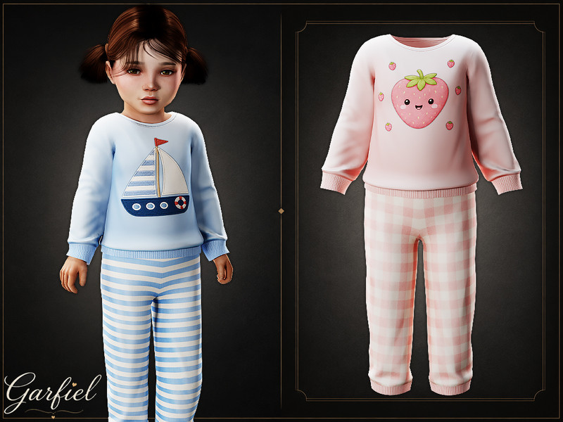 Sims 4 pajama CC Toddler - Cotton pajama set with printed top and pants by Garfiel