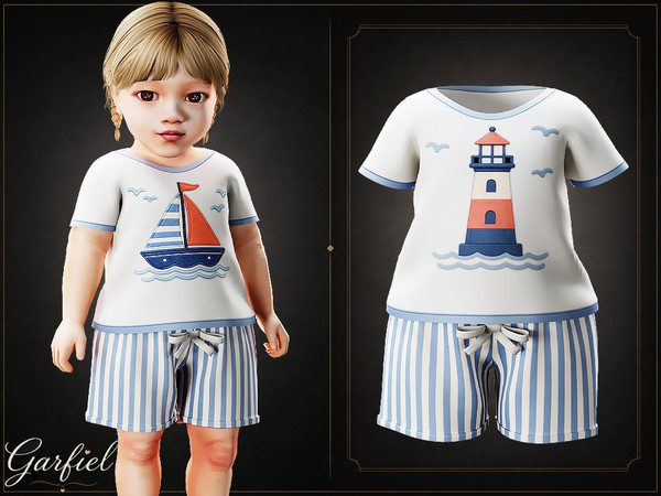 Sims 4 — Infant - Cozy nautical outfit with lighthouse print and striped shorts by Garfiel — A sweet infant outfit