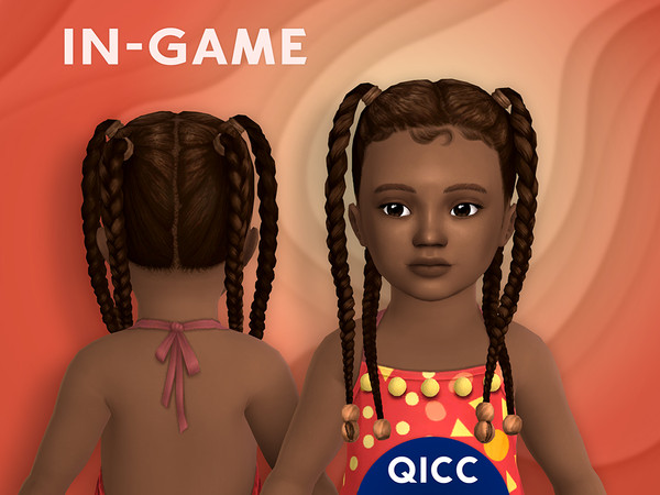 Sims 4 — Sorel Hair Accessories Overlay by qicc — Long braided pigtails with styled edges and beads. - Maxis Match