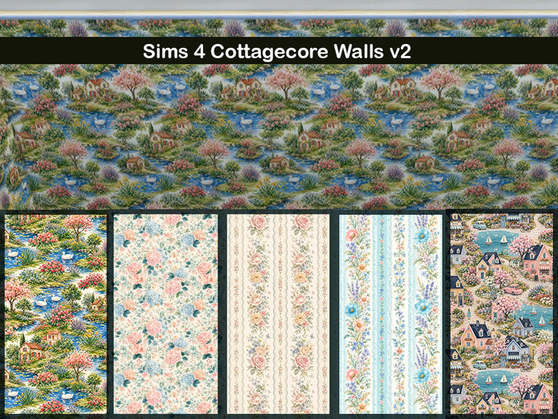 Sims 4 wall panel and wainscot CC Cottagecore Wallpapers version 2 by Surfkitten