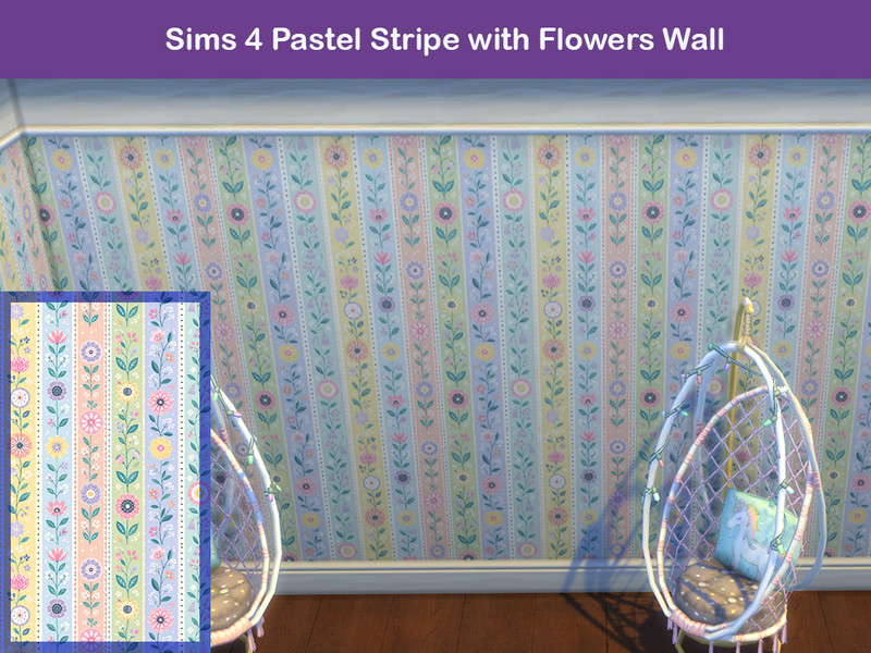 Sims 4 wall panel and wainscot CC Pretty Pastel Stripes with Flower Wallpaper by Surfkitten