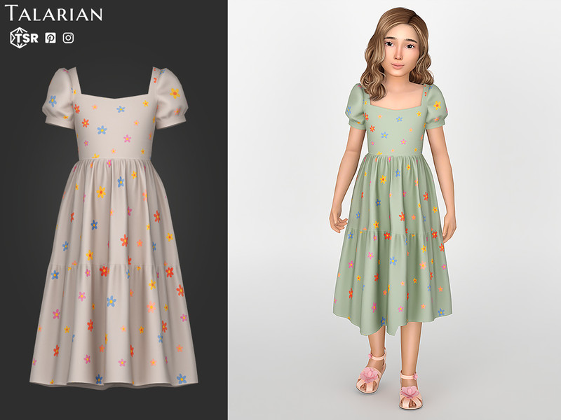 Sims 4 kids clothing CC Sadie Dress with Puff Sleeves and Tiered Skirt by talarian