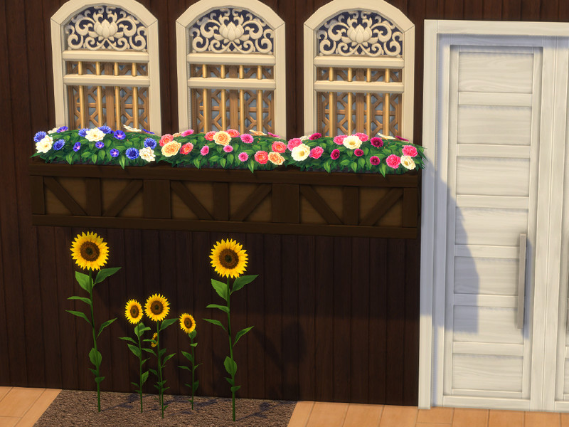 Sims 4 CC Colorful Flowerbox in Dark Wood by Surfkitten