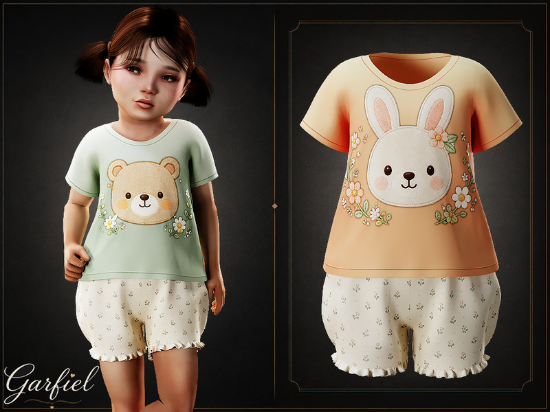 Sims 4 pajama CC Toddler - Cotton pajama set with bunny and bear prints by Garfiel