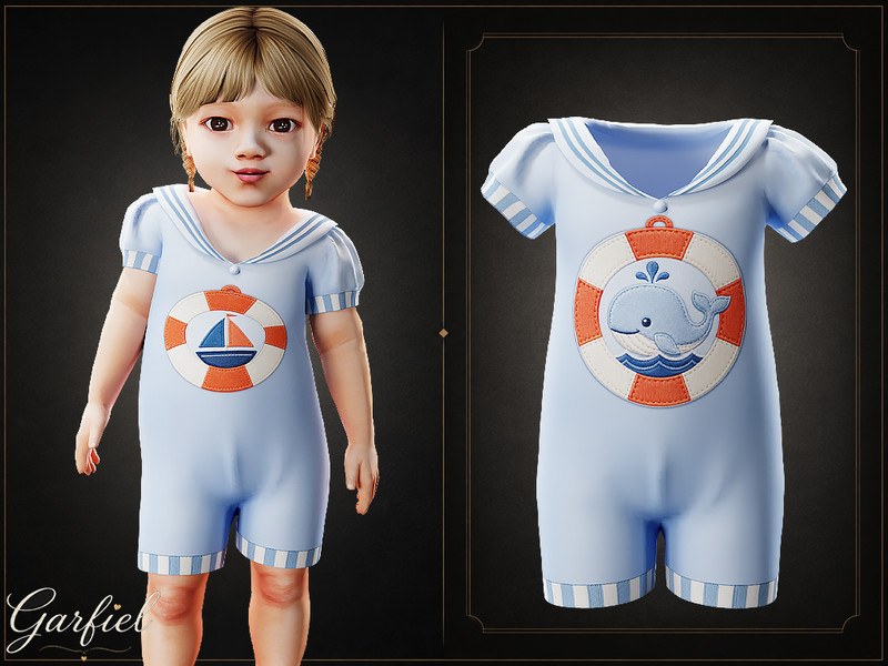 Sims 4 medieval Viking pirate and nautical custom content CC Infant - Soft sailor romper with charming seaside applique details by Garfiel