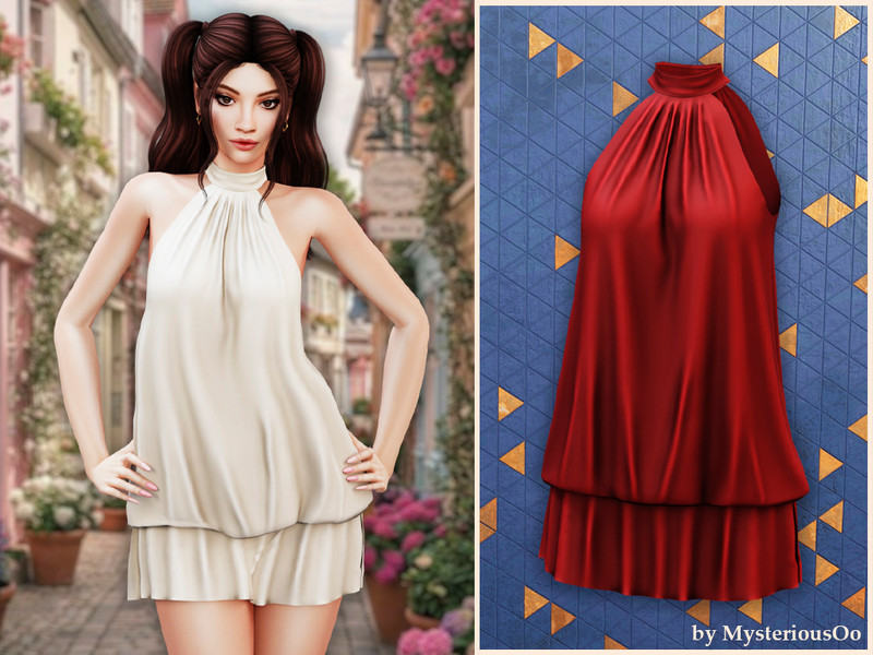 Sims 4 formal and evening dress CC Gathered halter mini dress by MysteriousOo