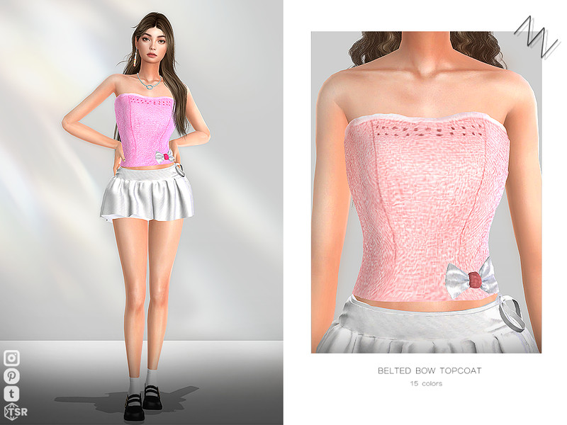 Sims 4 lace bow and ruffle fashion CC BELTED BOW TOPCOAT by ZNsims