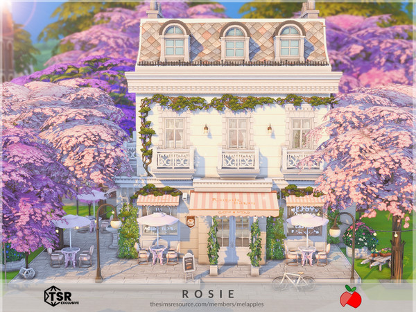 Sims 4 — Rosie - cafe by melapples — a small cafe surrounded by cherry trees. 1st floor: barista, restroom