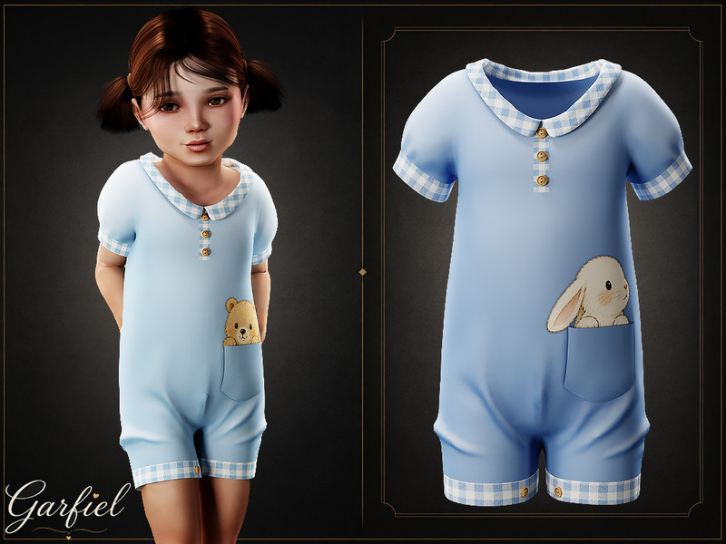 Sims 4 toddler boy clothing CC Toddler - Cozy gingham-trim romper with playful pocket friend detail by Garfiel