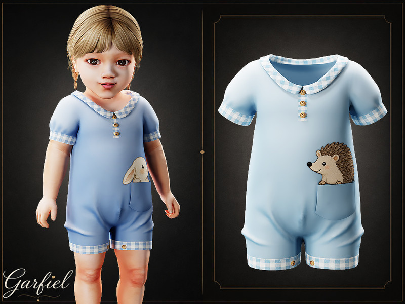 Sims 4 denim jeans romper and overall clothing CC Infant - Soft gingham-trim romper with cute pocket print details by Garfiel