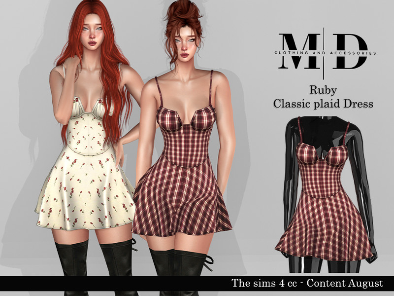 Sims 4 preppy plaid and campus fashion CC Ruby Classic plaid DRESS by Mydarling20
