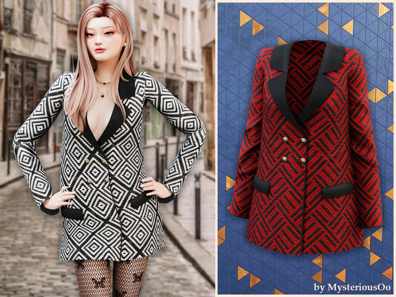 Sims 4 fall clothing CC Patterned double breasted coat by MysteriousOo