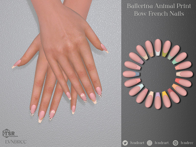 Sims 4 nail CC Ballerina Animal Print Bow French Nails by LVNDRCC