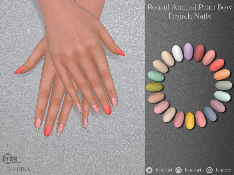 Sims 4 nail CC Round Animal Print Bow French Nails by LVNDRCC