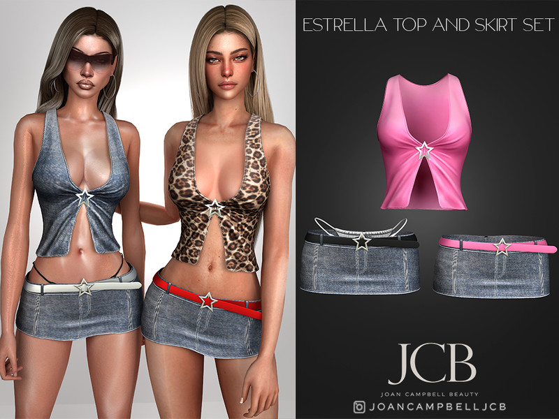 Sims 4 streetwear fashion CC ESTRELLA TOP AND MINI DENIM SKIRT SET by Joan_Campbell_Beauty_