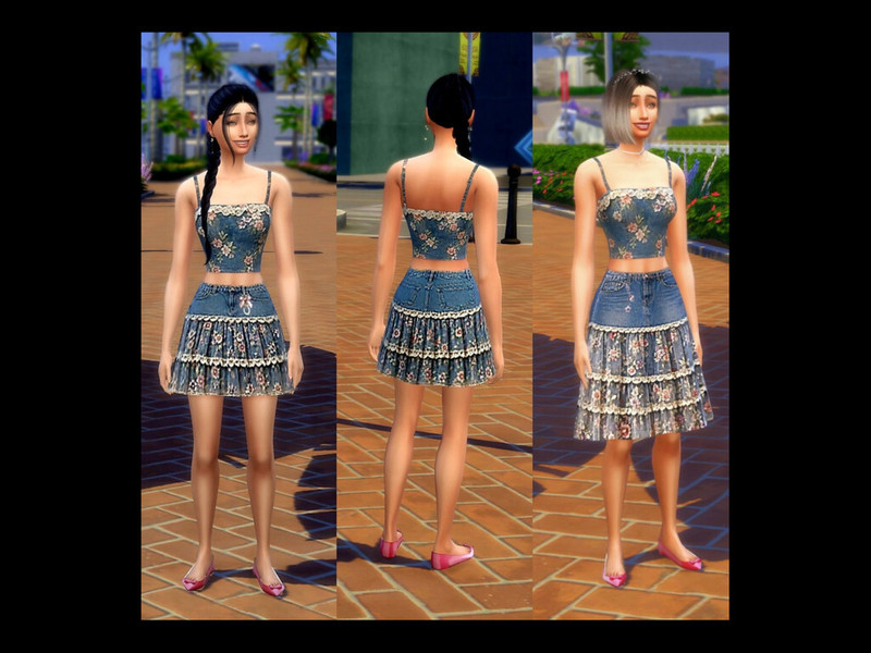 Sims 4 spring clothing CC Denim Lace Floral Crop Set by alisserpo82