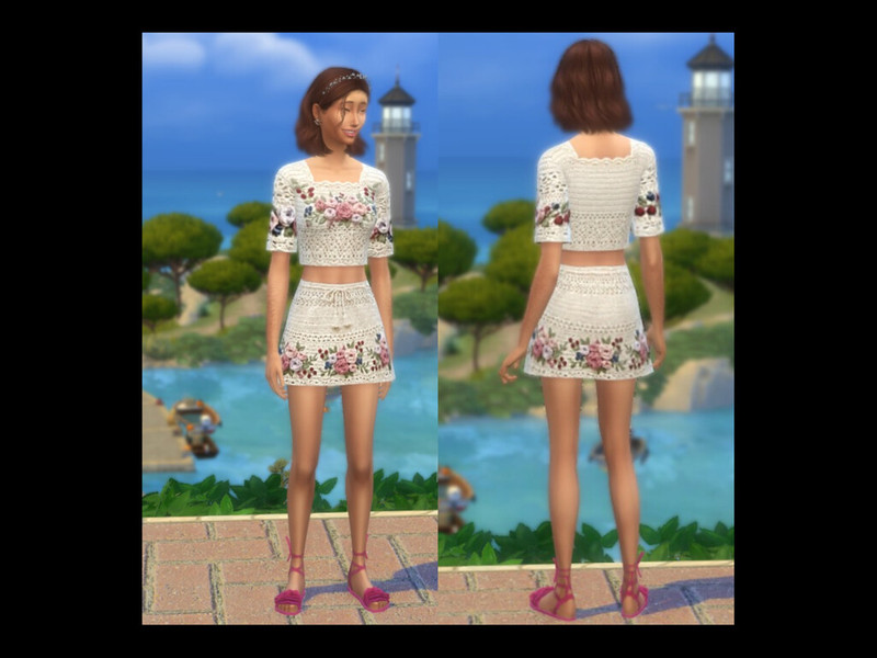 Sims 4 complete clothing set CC Vintage Rose Crop Top and Skirt Set by alisserpo82