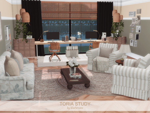 Sims 4 — Toria Study by BlusterSims — A warm and cozy study blending natural textures, soft neutrals, greenery, and