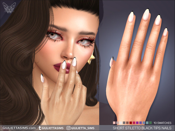 Sims 4 — Short Stiletto Black Tips Nails by feyona — Black Thin French Tips Nails come in 5 shapes, 12 swatches each: