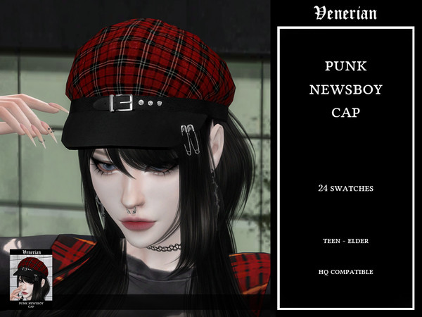 Sims 4 — Punk Newsboy Cap by Venerian by Venerian — 24 swatches Teen to elder No gender or frame restrictions HQ