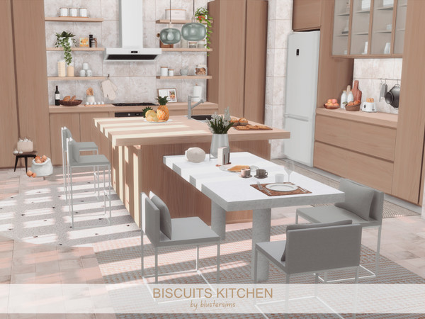 Sims 4 — Biscuits Kitchen by BlusterSims — Biscuits Kitchen is a bright, cozy space with warm wood tones, soft neutrals,