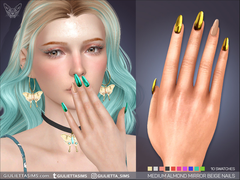 Sims 4 nail CC Medium Almond Mirror Beige Nails by feyona