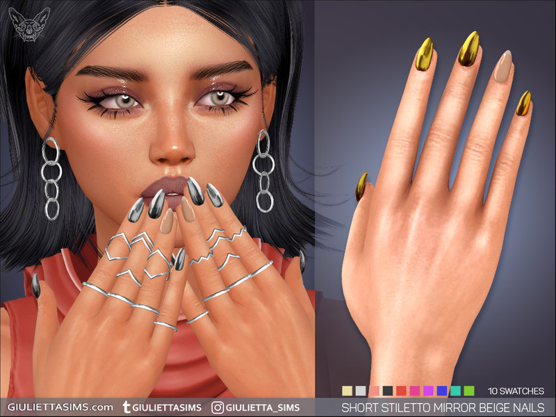 Sims 4 nail CC Short Stiletto Mirror Beige Nails by feyona