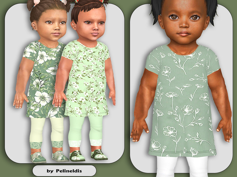 Sims 4 CC Infant Girls Sage Green Dress and Shoes by Pelineldis