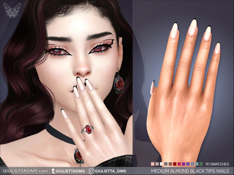 Sims 4 nail CC Medium Almond Black Tips Nails by feyona