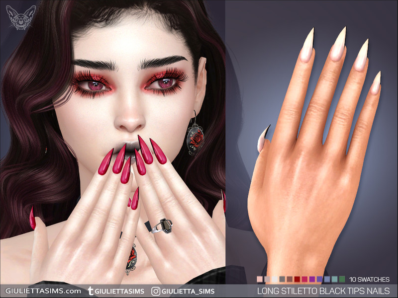 Sims 4 nail CC Long Stiletto Black Tips Nails by feyona
