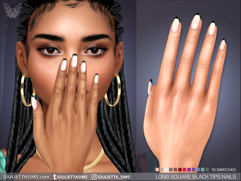 Sims 4 nail CC Long Square Black Tips Nails by feyona
