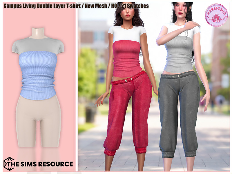 Sims 4 CC Campus Living Double Layer T-shirt by Harmonia