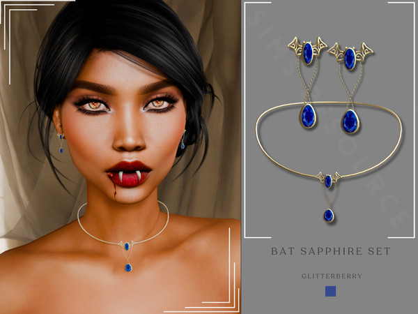 Sims 4 — Patreon -Halloween Bat Sapphire Set by Glitterberryfly — A gold an sapphire bat earring and necklace set