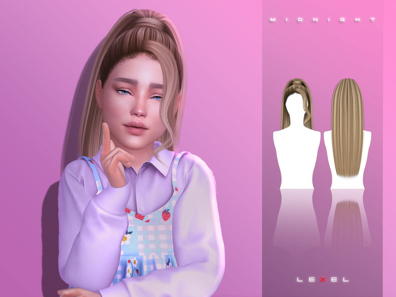Sims 4 ponytail hair CC LEXEL - Midnight child updo ponytail with curly bang by LEXEL_s